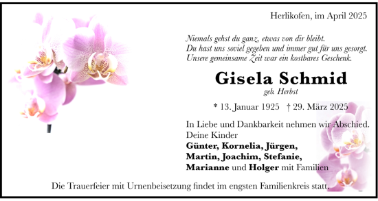 Todesanzeige von Gisela Schmid von trauer.de
