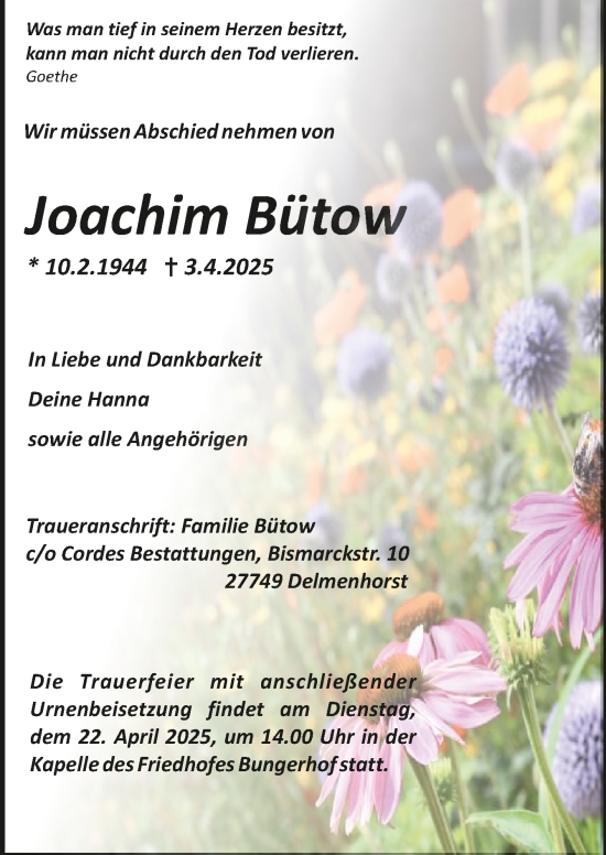 Todesanzeige von Joachim Bütow von trauer.de
