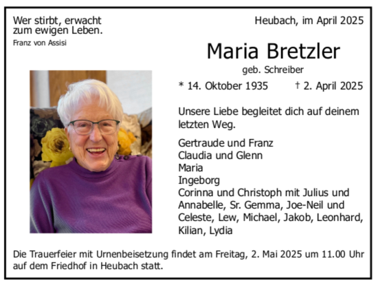 Todesanzeige von Maria Bretzler von Trauer.de