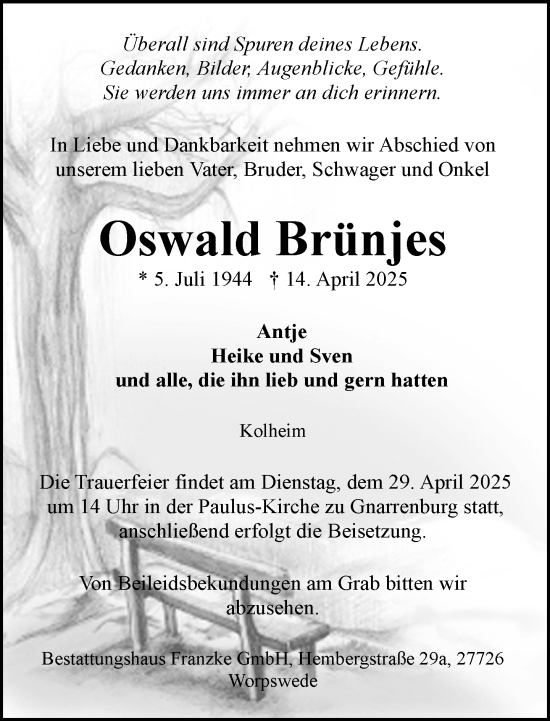 Todesanzeige von Oswald Brünjes von trauer.de