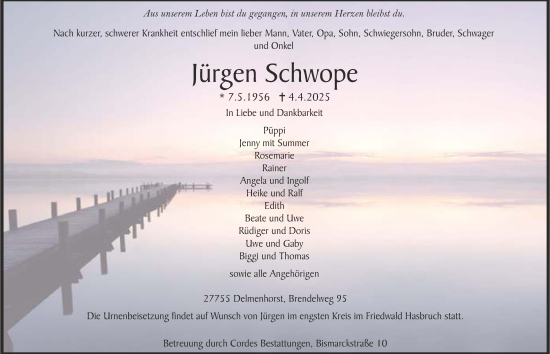 Todesanzeige von Jürgen Schwope von Trauer.de