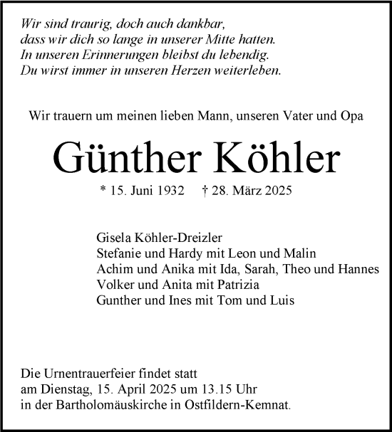 Todesanzeige von Günther Köhler 