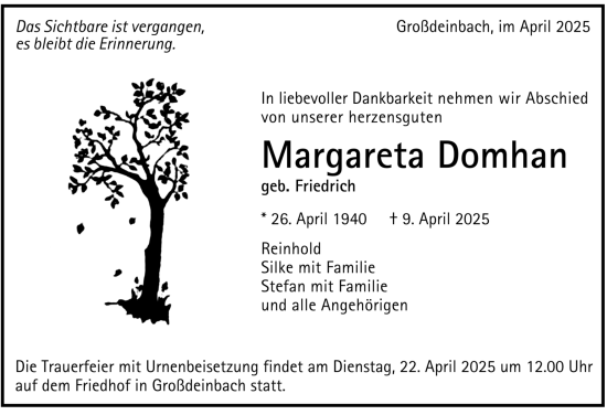 Todesanzeige von Margareta Domhan von trauer.de