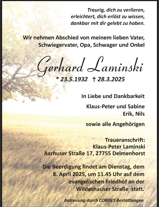 Todesanzeige von Gerhard Laminski von Trauer.de