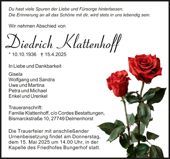 Todesanzeige von Diedrich Klattenhoff von trauer.de
