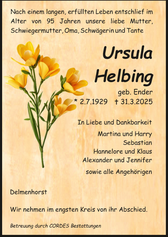 Todesanzeige von Ursula Helbing von trauer.de