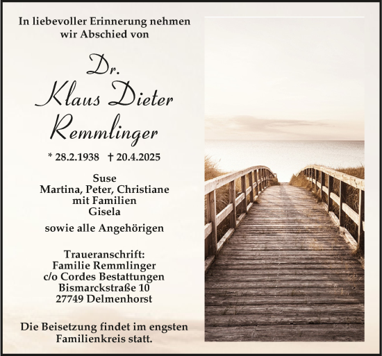 Todesanzeige von Klaus Dieter Remmlinger von trauer.de