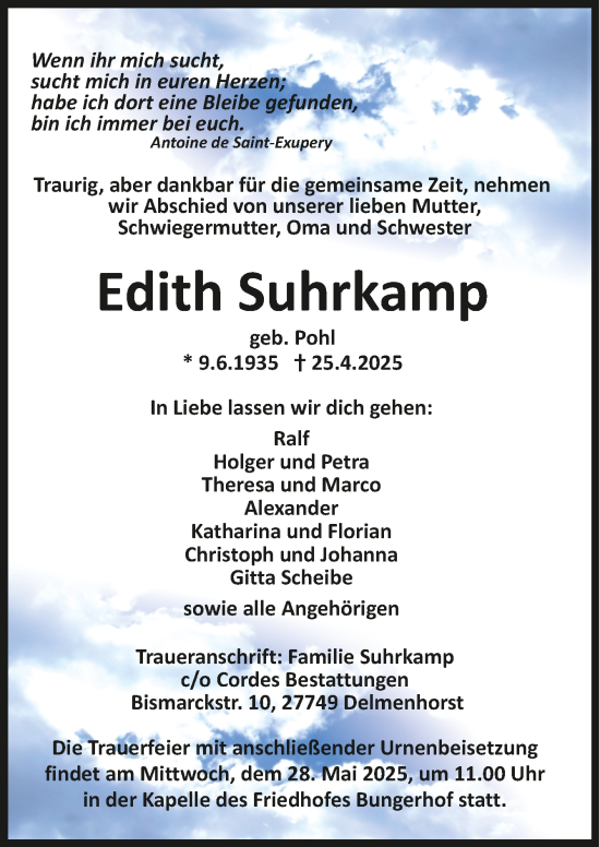 Todesanzeige von Edith Suhrkamp von trauer.de