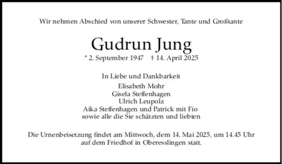 Todesanzeige von Gudrun Jung von trauer.de