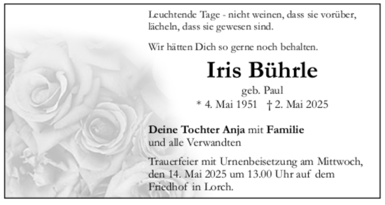 Todesanzeige von Iris Bührle von trauer.de