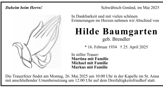 Todesanzeige von Hilde Baumgarten von trauer.de