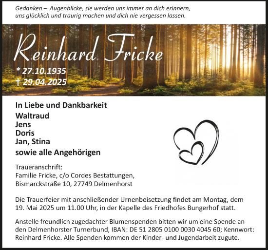 Todesanzeige von Reinhard Fricke von trauer.de