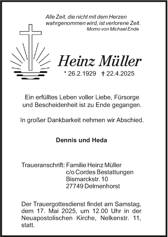 Todesanzeige von Heinz Müller von trauer.de