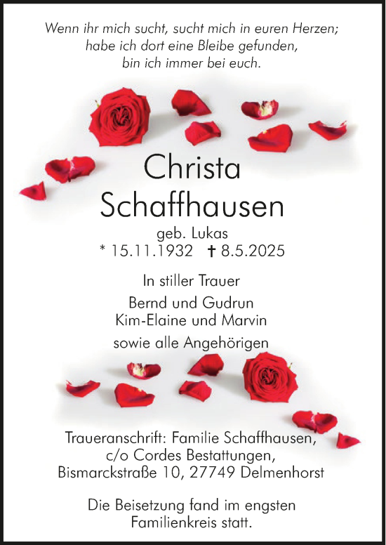 Todesanzeige von Christa Schaffhausen von trauer.de