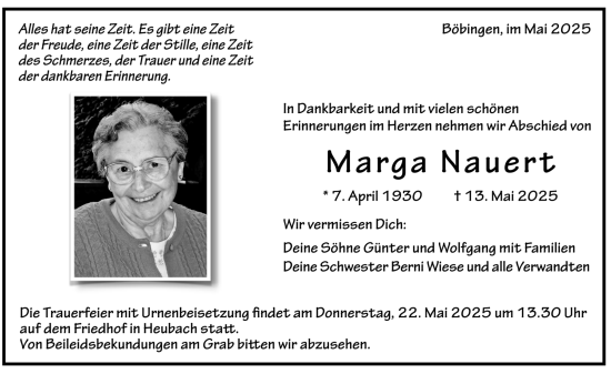 Todesanzeige von Marga Nauert von trauer.de