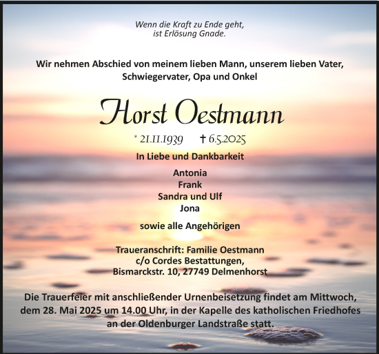 Todesanzeige von Horst Oestmann von trauer.de