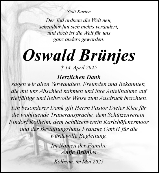 Todesanzeige von Oswald Brünjes von Trauer.de