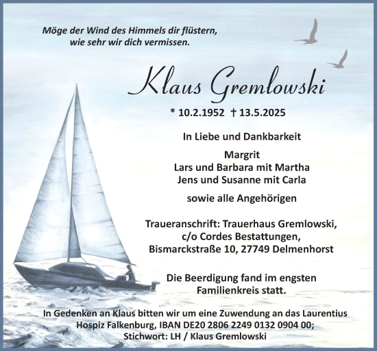 Todesanzeige von Klaus Gremlowski von Trauer.de