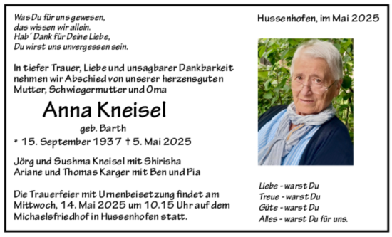 Todesanzeige von Anna Kneisel von trauer.de