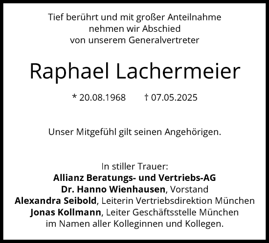 Todesanzeige von Raphael Lachermeier von merkurtz
