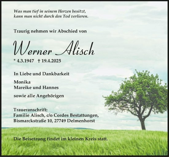 Todesanzeige von Werner Alisch von trauer.de