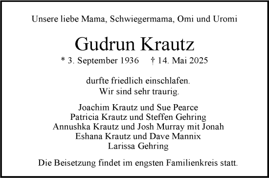 Todesanzeige von Gudrun Krautz von Trauer.de