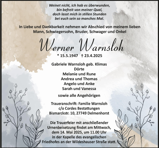 Todesanzeige von Werner Warnsloh von trauer.de