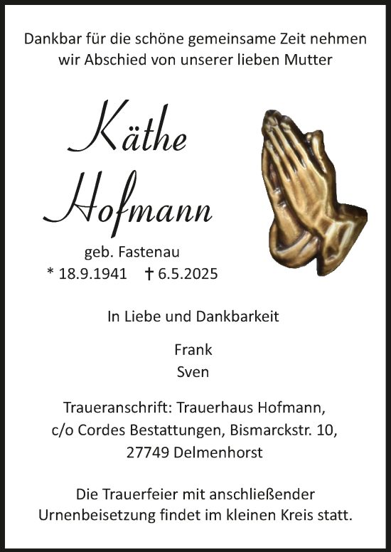 Todesanzeige von Käthe Hofmann von trauer.de