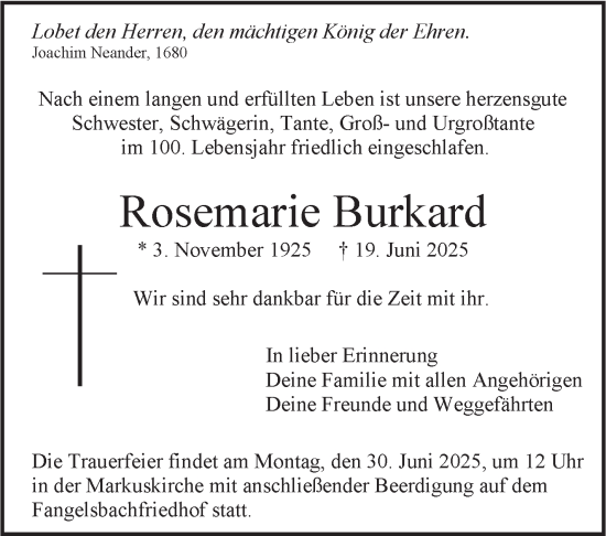 Todesanzeige von Rosemarie Burkard von trauer.de