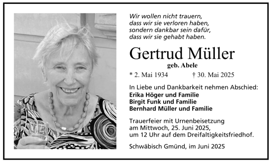 Todesanzeige von Gertrud Müller von trauer.de