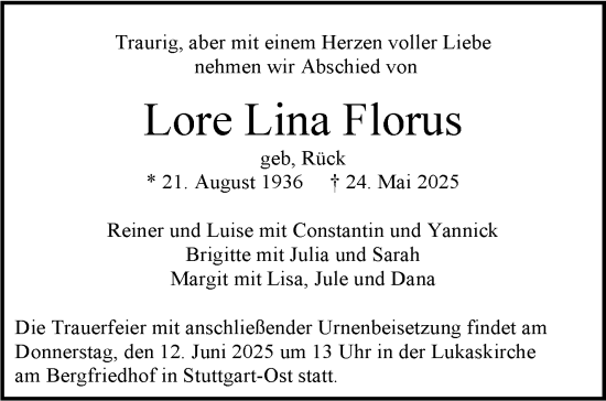 Todesanzeige von Lore Lina Florus von trauer.de