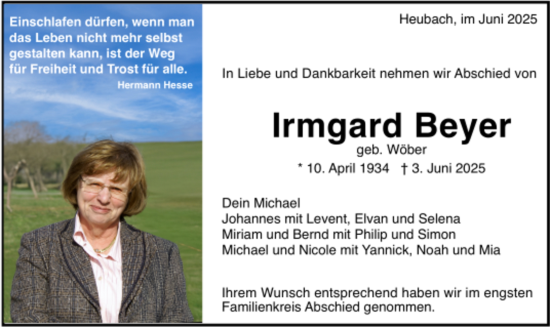 Todesanzeige von Irmgard Beyer von Trauer.de