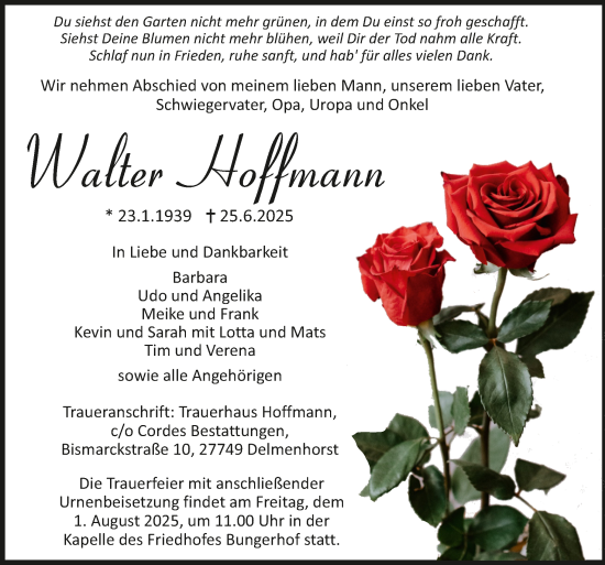 Todesanzeige von Walter Hoffmann von Trauer.de