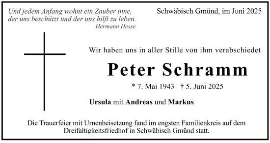 Todesanzeige von Peter Schramm von trauer.de