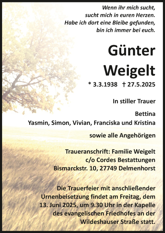 Todesanzeige von Günter Weigelt von trauer.de