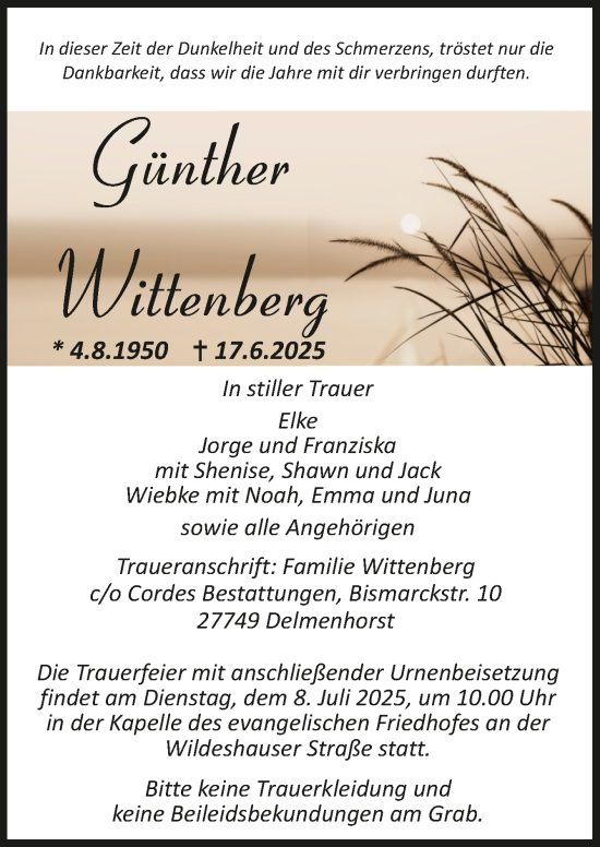 Todesanzeige von Günther Wittenberg von trauer.de