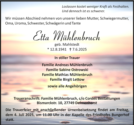 Todesanzeige von Etta Mühlenbruch von Trauer.de