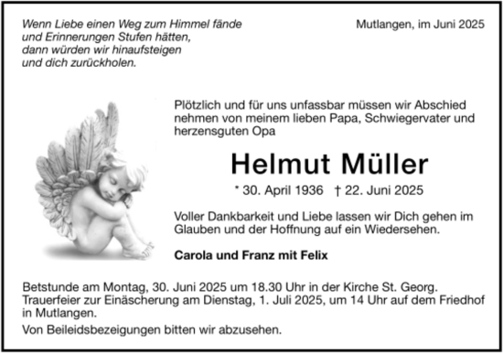 Todesanzeige von Helmut Müller von Trauer.de