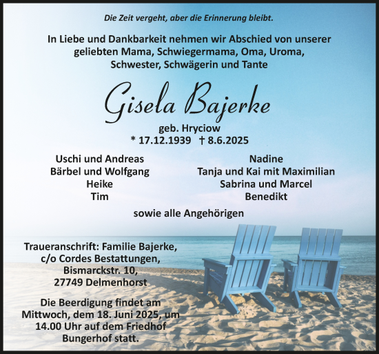 Todesanzeige von Gisela Bajerke von Trauer.de