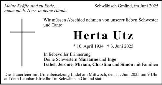 Todesanzeige von Herta Utz von trauer.de