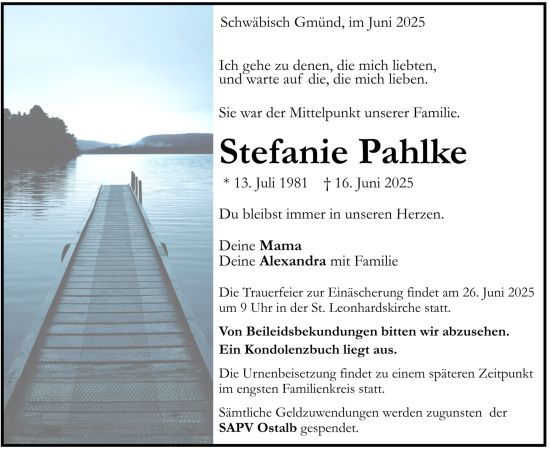 Todesanzeige von Stefanie Pahlke von trauer.de