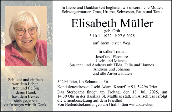Todesanzeige von Elisabeth Müller von trierischer_volksfreund