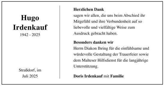 Todesanzeige von Hugo Irdenkauf von trauer.de