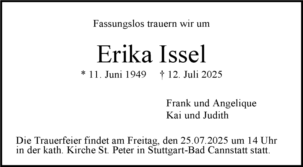  Traueranzeige für Erika Issel vom 19.07.2025 aus trauer.de