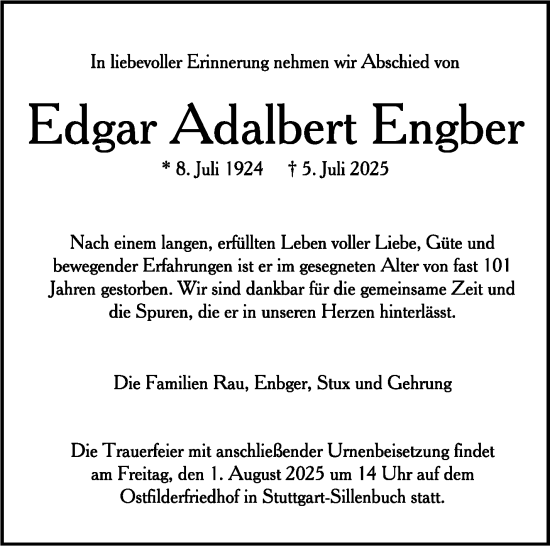 Todesanzeige von Edgar Adalbert Engber von trauer.de