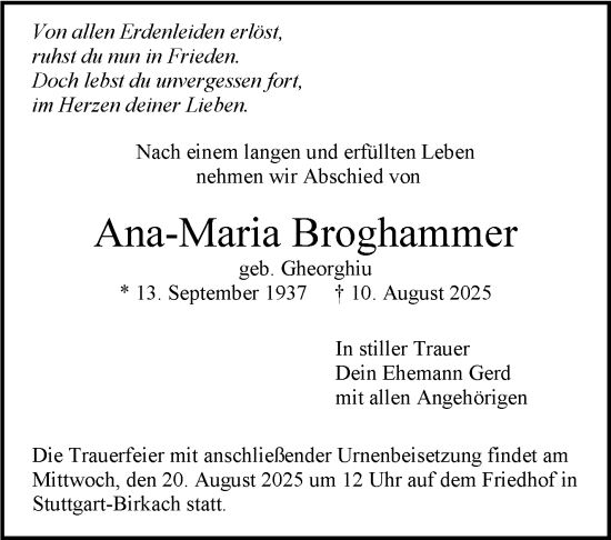 Todesanzeige von Ana-Maria Broghammer von Trauer.de