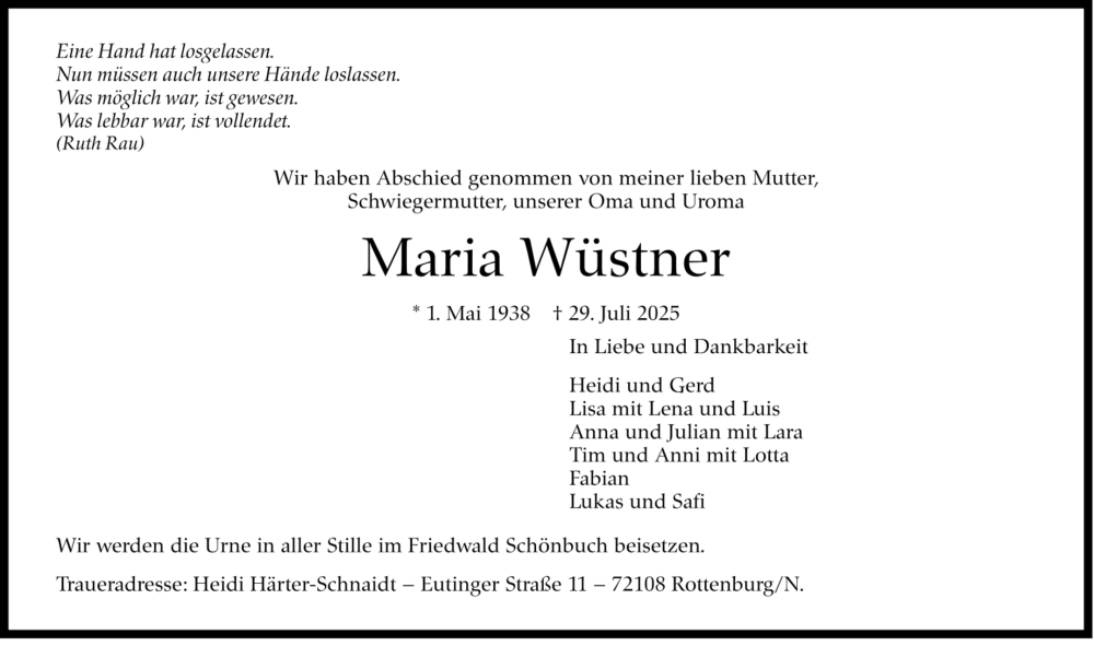  Traueranzeige für Maria Wüstner vom 02.08.2025 aus trauer.de