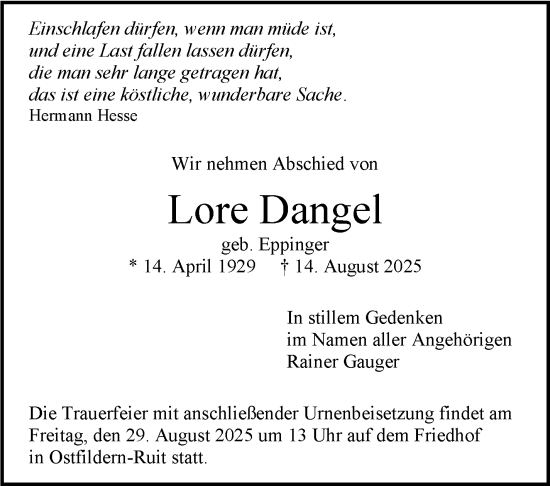 Todesanzeige von Lore Dangel von Trauer.de