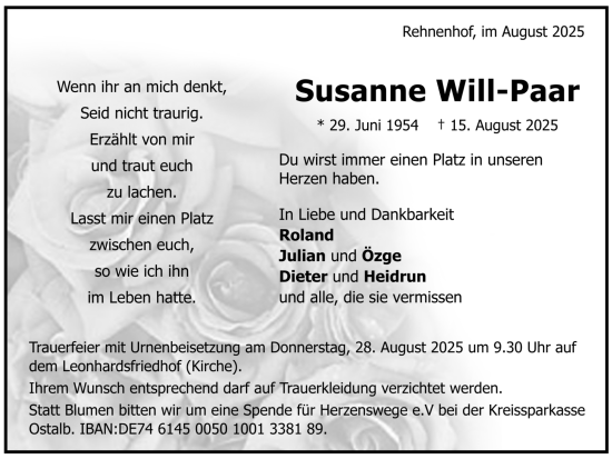 Todesanzeige von Susanne Will-Paar von trauer.de