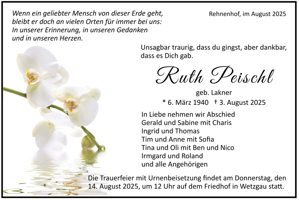  Traueranzeige für Ruth Peischl vom 09.08.2025 aus trauer.de
